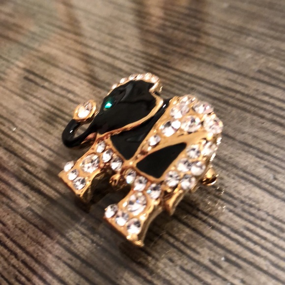 Vintage Black Enamel & Rhinestone Lucky Elephant Pin - Picture 3 of 13
